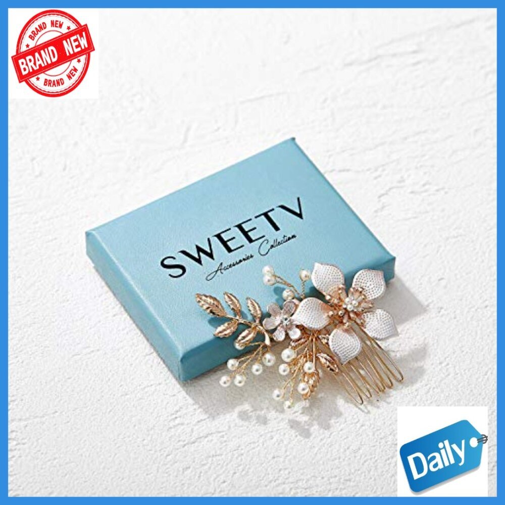 Floral Bridal Hair Comb with Pearls, Gold Plated Wedding Hair Clip - Picture 5 of 6